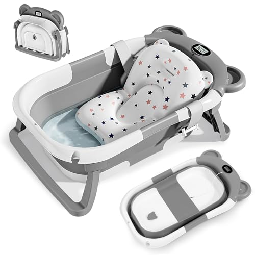 WGIDSKKI Baby Badewanne, Faltbare Babybadewanne mit Rutschfestem Badekissen, mit Integriertem Thermometer, Ergonomischer Babywanne, für Neugeborene von 0-36 Monaten (Grau)