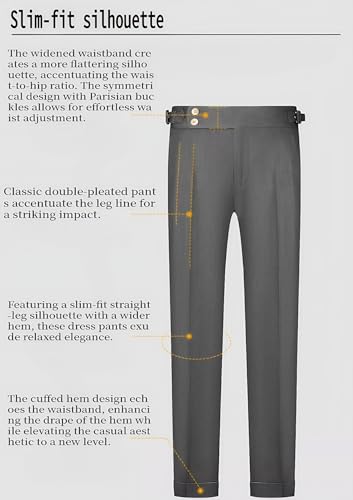 Men's Classic Dress Pants, High Waist Double Pleated, Gray with Side Adjusters4