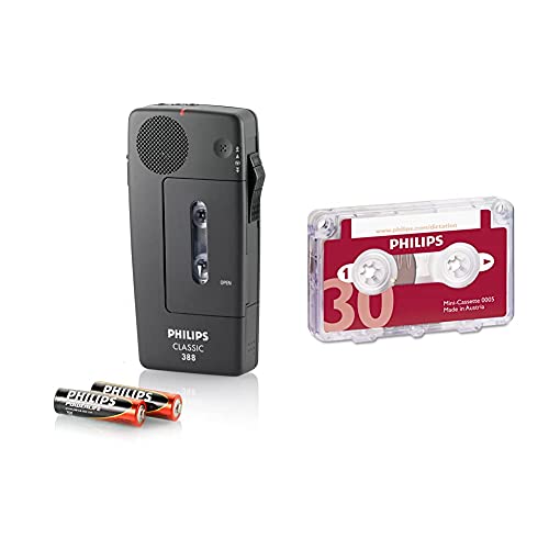 Philips Pocket Memo LFH0388 Analoges Mini-Kassetten Diktiergerät (Schiebeschalter, Automatische Aufnahmeaussteuerung, Sprachaktivierung, LED-Anzeige), Anthrazit & LFH0005 Mini-Kassette 1 Stück.