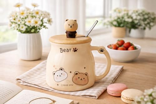 Image of Coffee Mug, Gift for Woman, Birthday Present for Girlfriend, Present for Wife Birthday, Mugs for Present, Holi Gifts, Panda Mug with Lid & Spoon (Cute Bear)