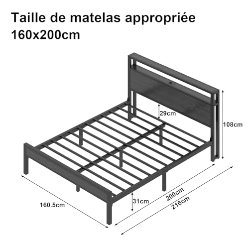 Cadre de lit 160x200 LED + USB/USB‑C, noir E-Motie