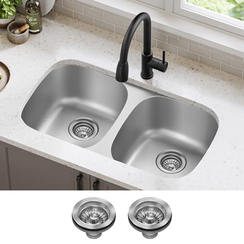 KRAUS Premier 32-inch Undermount 50/50 Double Bowl 18-Gauge Stainless Steel Kitchen Sink with Strainers (x2), KBU22 by Kraus - Image 2