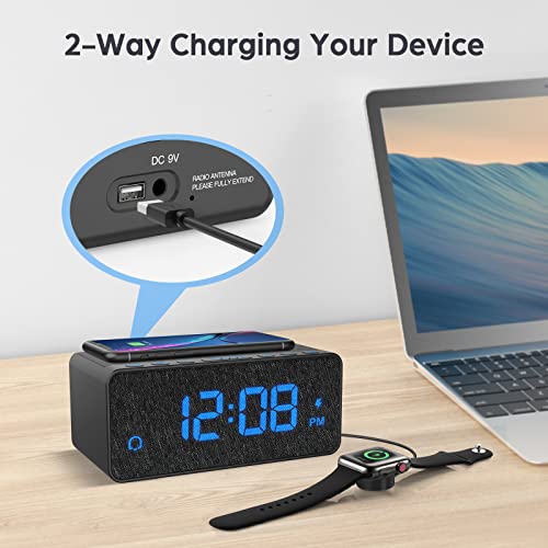 Digital Alarm Clock FM Radio - 10W Fast Wireless Charger Station & USB Port - 5 Wake Up Sounds, Volume Control, Full Brightness Dimmer for Bedroom - BUFFBEE - Thumbnail 6