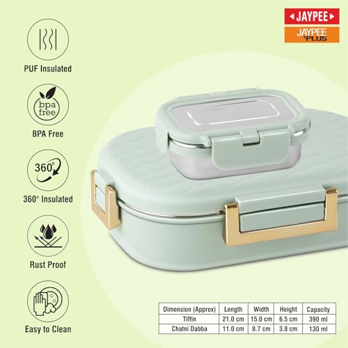 Image of JAYPEE Lux PU Insulated Stainless Steel Lunch Box for School Kids|Airtight Leakproof Lunch Box for Kids Boys & Girls |Unique Design 100% Food Grade |Lunch Box for Office use,580 ml, Green