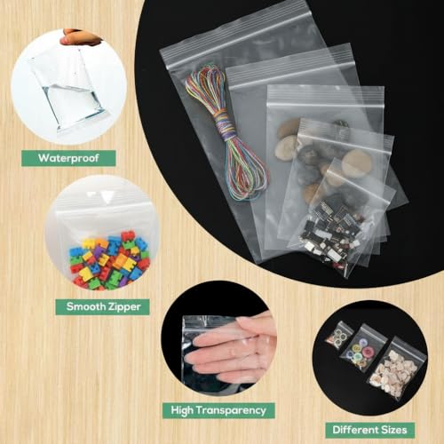 Cozary 500 Stück Druckverschlussbeutel, 5 Größen Plastikbeutel Verschließbar Transparent Klein Zip Beutel, Kunststoffbeutel,Reißverschluss Tütchen,Lebensmittelbeutel