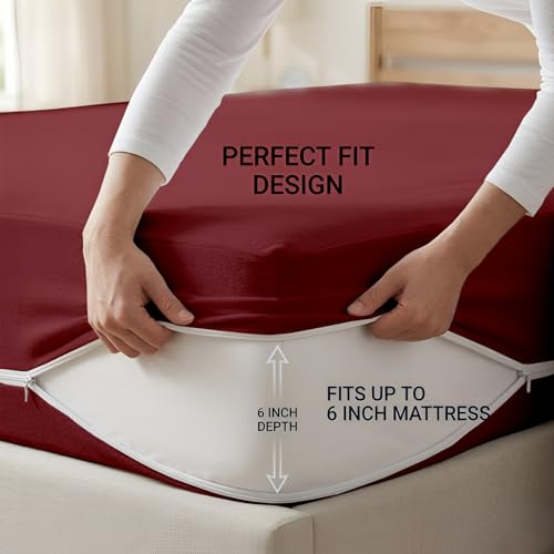 Image of 100% Waterproof Single Size Zipper Mattress Encasement - Ultra Soft & Breathable Six-Sided Bed Cover, Dustproof Noiseless Fitted Design, 72x30 Inch (6x6 Feet), Fits Up to 6 Inch Mattress, Maroon