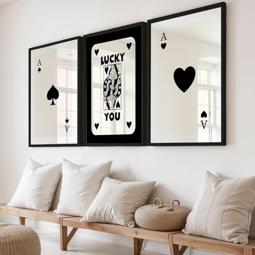Image of NoWorries Playing Cards Wall Framed Painting Set | Lucky Card Art & Heart Ace Posters Frames | Premium 300 GSM Paper Print with Synthetic Wooden Frame | Minimal Black & White Aesthetic Wall Decor for Living Room & Bedroom (Pattern-illustration) (Set of 3) (BLACK, ART-5, 13X19INCHES)