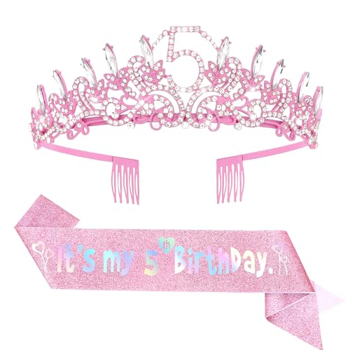 Jaciya Pink Birthday Decorations 5th Crown & Birthday Sash