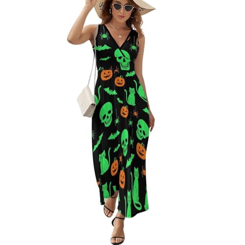 Women's Summer Beach Vacation Dresses, V Neck Fashion Sleeveless Dress, Travel Sundress Happy Halloween Decorations Costumes Pumpkin Skull Raven Bat Mouse Cat Pattern Green Black