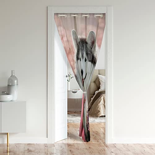 Loussiesd Dachshund Door Curtain for Doorway Privacy Siberian Husky 30%-50% Room Darkening Blackout Insulated Thermal Curtain Cute Puppy Dog Pet Grey Pink Room Divider Curtain Cover 132x203cm - Image 2