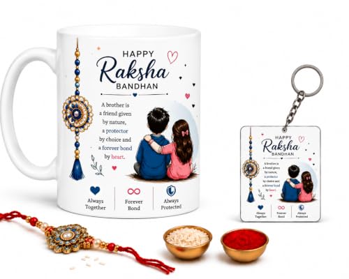 Image of Brother Sister Rakhi Celebration Set | Ceramic Mug, Keychain, Rakhi, Roli & Chawal