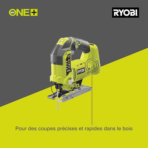 RYOBI - Scie Sauteuse Sans Fil 18V ONE+ R18JS-0 – Mouvements Pendulaires, Changement Lame Sans Outil, Variateur Vitesse – Bois, Métal, PVC – Batterie Non Incluse