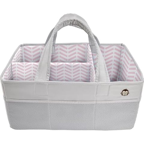MIGHTY MONKEY Oversized Stain Resistant Baby Diaper Caddy Organizer with Handle, Adjustable Mesh Storage Bin Compartments for Diapers, Baby Wipes, Newborn Changing Table Nursery Essentials, Gray Pink Cover