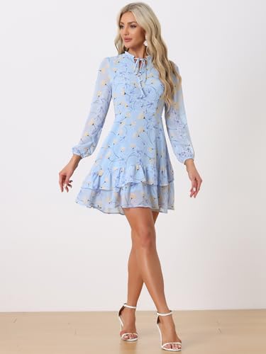 Image of Allegra K Women's Spring Dresses 2026 Tie V Neck Semi Sheer Long Sleeve Layered Tiered Chiffon Mini Floral Dress
