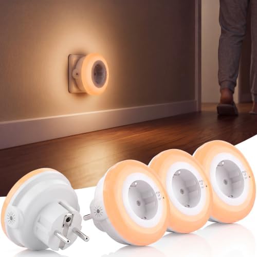 4 Stück LED Dimmbare Nachtlichter mit Durchgangssteckdose und Lichtsensor | 3 Helligkeitsstufen, 2700K Warmweiß, Kindersicheres Steckdosen-Nachtlicht für Schlafzimmer, Flur & Trepp
