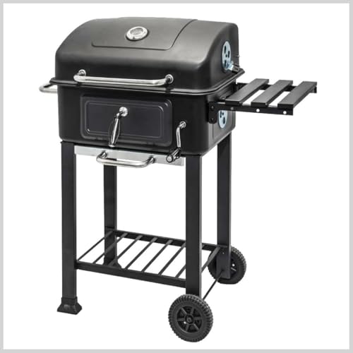 Barbacoa compacta rectangular de carbón con tapa, asas cromadas, estante de madera, salidas de aire, estante inferior, rejilla de cocción de acero cromado, cómodas ruedas, altura de cocción 83 cm