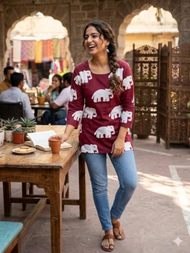 Image of Women's Elephant Print Short Kurti | Maroon and White | Round Neck, 3 /4 Sleeve, Casual Wear - Size, M