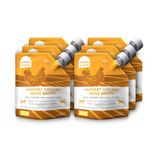 Open Farm Bone Broth, Food Topper for Both Dogs and Cats with Responsibly Sourced Meat and Superfoods Without Artificial Flavors or Preservatives, 72oz (6 Pack Harvest Chicken)