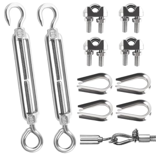 10 Piezas Tensores Cuerda Tendedero de Alambre con Abrazadera y Guardacabos de Cuerda, Kit Montaje Tensor Toldo Vela de Acero Inoxidable, Ajustable OC Tensores Cable Acero para Toldos, Soporte Planta