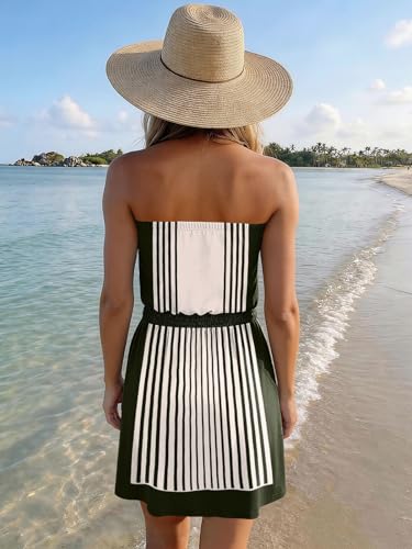 Image of SAUKOLE Summer Dresses for Women Bandeau Strapless Smocked Elastic Waist Sundress Tube Mini Dress with Pockets