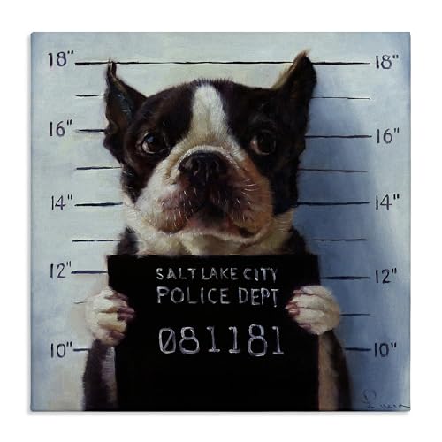 Image of Boston Terrier Mugshot Humor, 24 x 24 Inch Canvas Wall Art | Stupell Industries . By Lucia Heffernan . Ready to hang . Funny pet decor for living room or office . Made in USA