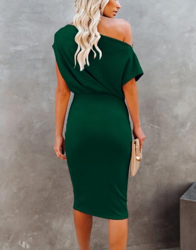 Image of EZBELLE Women's Summer Dress Off The Shoulder Short Sleeve Ribbed Casual Party Bodycon Midi Dresses