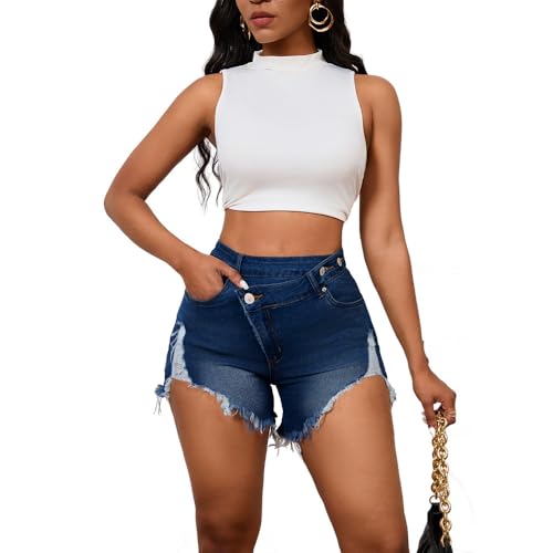 Image of PINSV Women's High Waisted Crossover Jean Shorts Ripped Hem Raw Denim Shorts