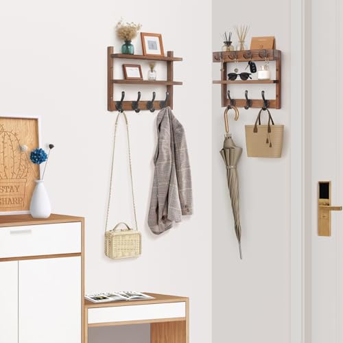 Image of 29 inch Coat Rack Wall Mount with Shelf, Pine Two-Tier Wall Shelf Mounted Coat and Key Hanger with 7 Heavy Duty Hooks 4 Key Hooks, Entryway Key Holder with Mail Holder for Bedroom,Living Room (Brown)