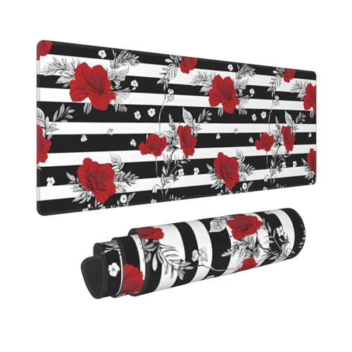 Tapis de souris de jeu 80x30.5 cm rayures noires blanches et fleurs rouges pour bureau