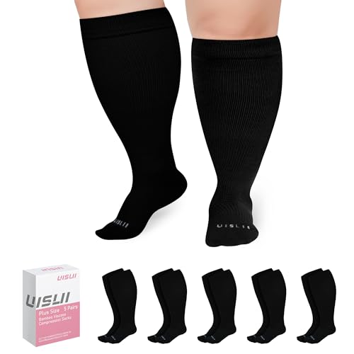 Image of UISLII Plus Size Compression Socks Wide Calf Women Men,5 Pairs 20-30mmHg Extra Width Calf Viscose Knee High Compression Socks for Circulation Support(5 Pairs Black-2XL)