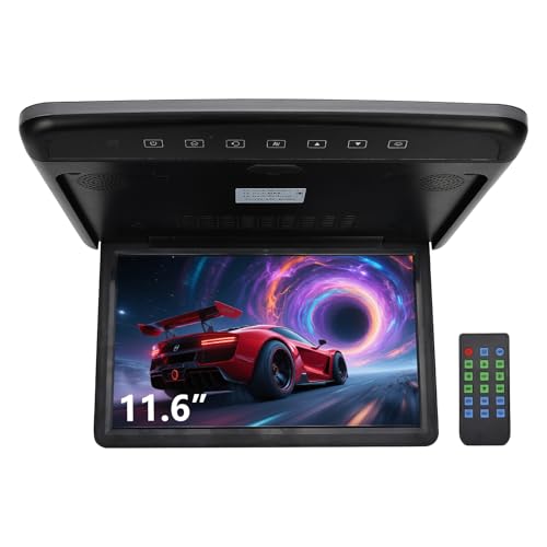 XhuangTech Car Overhead Roof Mounted Flip Down Monitor TV Video Player 1080P HD Digital TFT IPS Wide Screen Ultra-Thin with Built-in Speaker Support HDMI USB IR FM AV Input for Cars Vehicles (11.6‘’)