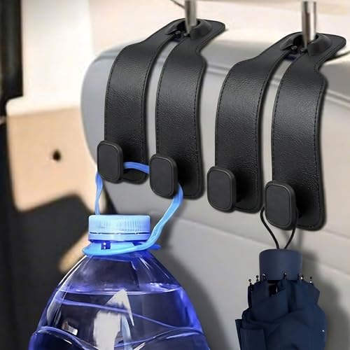 Image of Hian Leather Car Seat Headrest Double Hooks, Back Seat Organizer for Purse, Handbag, Grocery Bags and Backpack, Multifunctional Car Storage Hook for Vehicle Seat Back (Black, Pack of 2)