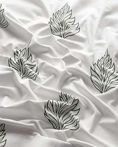Image of THE LINEN COMPANY Printed Cotton Curtains 4 Feet for Window, Duck Canvas Leaf Design Curtains, Small Window Panels, 4ft Set of 2, Green Leaf