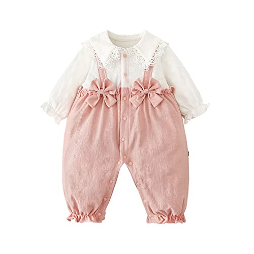 [Baby koi] ベビー服 長袖ロンパース春秋重ね着風新生児フェイクレイヤード カバーオール 赤ちゃん 女の子出産準備贈り物蝶結びピンク24M