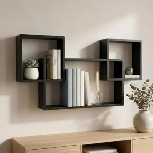 Image of Modern Geometric Floating Wall Shelf - Wall Mounted Decorative Display Shelves for Living Room, Bedroom & Office | Wooden Wall Shelf for Home Decor, Books, Plants & Showpieces (Black)