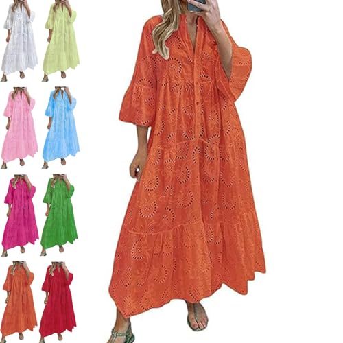 Vestido largo de encaje con bordado con ojales para mujer, manga de trompeta 3/4, cuello en V, dobladillo...