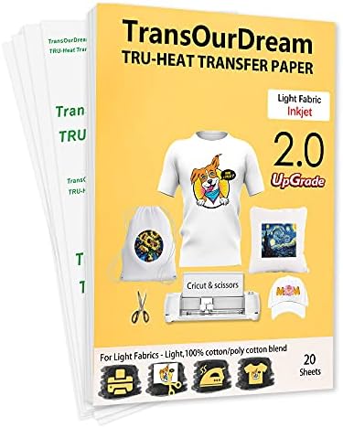 TransOurDream Upgraded Iron on Heat Transfer Paper for T Shirts (20 Sheets, 8.5x11") Iron-on Transfers Paper for Light Fabric Printable Heat Transfer Vinyl for Inkjet Printer (TOD-4)