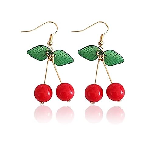 Hithop Gold Plated Sweety Fruit Green Leaf Red Cherry Charm Women Dangle Earring Cover
