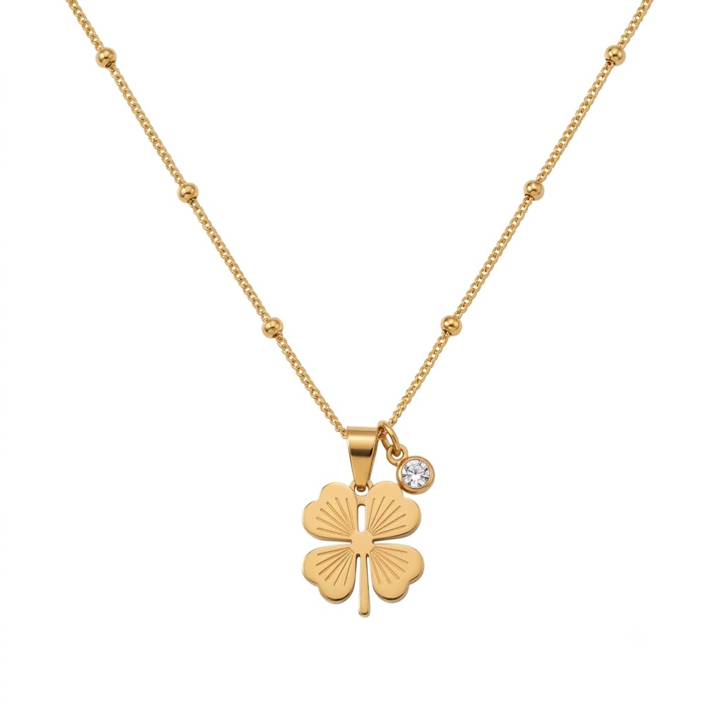 stainless steel gold clover pendant necklace for women | anti tarnish 4-leaf lucky charm necklace with crystal accent | adjustable gold plated chain | valentine gift for women & girls