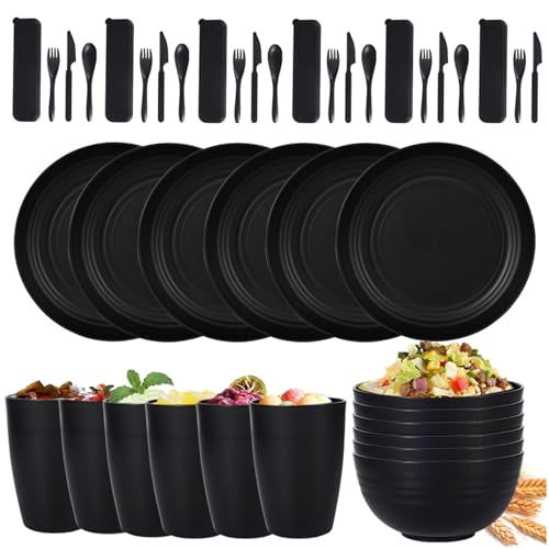 Opiniones de Vajilla de microondas para comprar hoy. 50 Juego de Vajilla de Plástico y Paja de Trigo - 42 Piezas, Platos de Microondas para Recámara Universitaria, Irrompibles para Camping - Color Negro