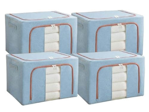 Image of Organisers Storage Box for Clothes 66 Liter Capacity Wardrobe Organizer for Clothes Storage Organizer Foldable Steel Frame with Zipper & Clear Window And Handle (Sky Blue, 66 Ltr - Pack of 4)