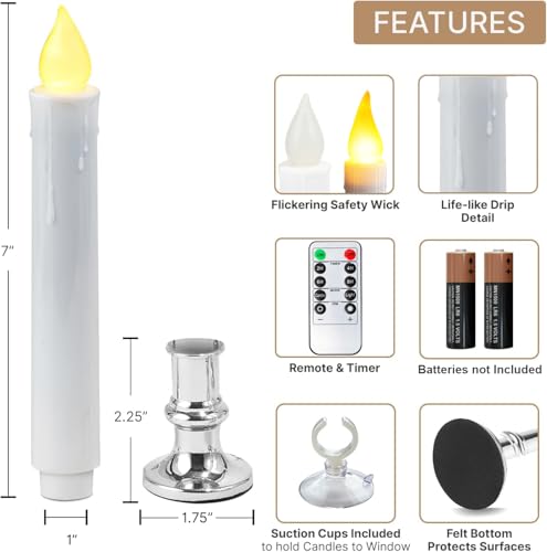 Image of Christmas Window Candles, 9.3in Flameless Taper, Silvery, 6pcs