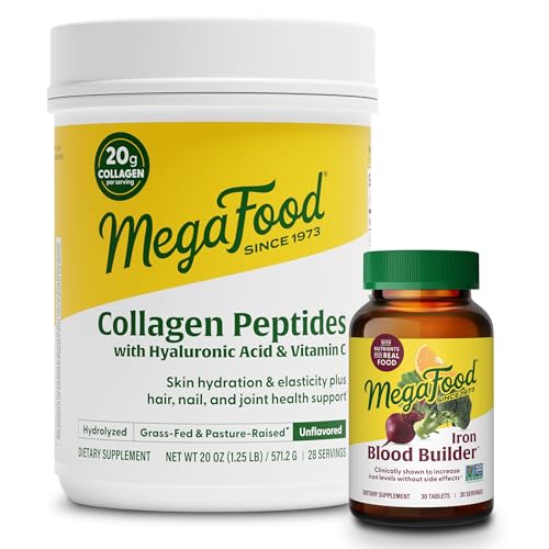 MegaFood Blood Builder Iron Supplement (30 Tablets) & Collagen Peptides (20 oz) Bundle - Iron for Red Blood Cell Production - Collagen for Hair, Skin & Nails - Gluten Free