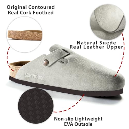 Image of SOFTYOHO Clogs for Women Men, Mules with Arch Support and Adjustable Buckle, Suede Leather Cork Footbed Potato Shoes