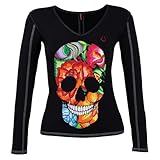 Ay Güey! Playera de Dama con Estampado y Aplicación de Pedrería Manga Larga Color Negro y Costuras Grises - Estelar -...