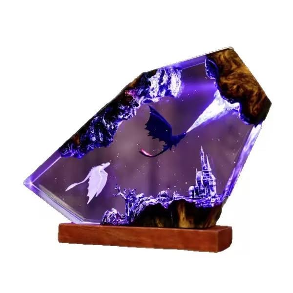 Ocean Epoxy Resin Lamp with LED, Dragon Epoxy Night Light, 3D Dragon Table Lamp, Handmade Wood Resin Lamp for Bedroom Living Room, Unique Home Decor Gift for Him (15 * 10c'm)