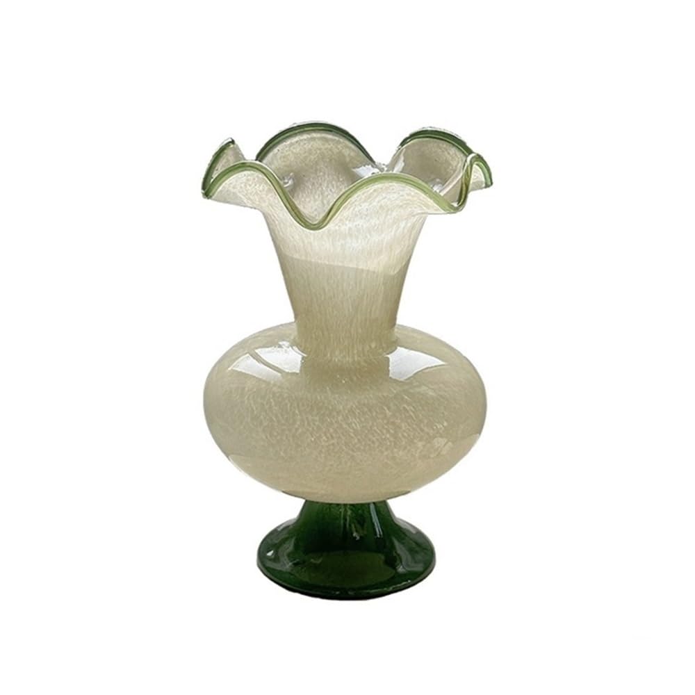 Farmhouse Decor Ceramic Flower Vase, Wavy Edge Glass Vase Vintage Style Flower Home Decor Ornament Fresh Flowers & Dried, for Kitchen and Dining Shelf Decor