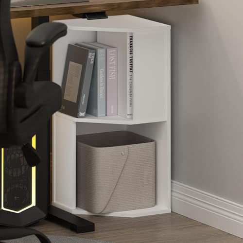 Image of Furinno ECON Corner Shelf, 2-Tier Corner Book Shelf, Standing Storage Shelves, Cube Display Rack, Bookshelf, for Organization and Storage, Living Room, Home Office, White
