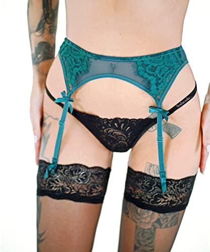 Sodacoda Damen Sexy Strumpfhalter - Verführerischer Spitzen Strapsgürtel (Dunkelgrün M)