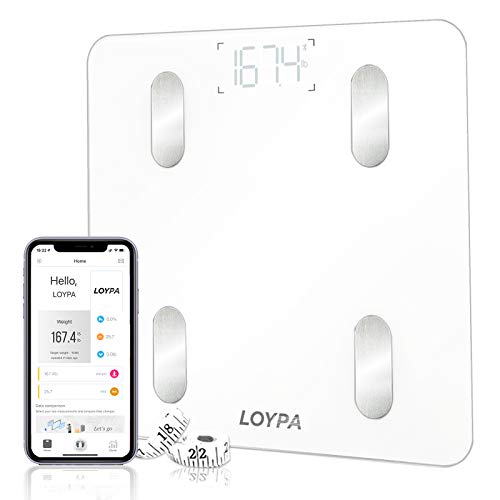 LOYPA Body Fat Scale Smart Bluetooth BMI Scale Digital Bathroom Wireless Weight Scale, Body Composition Monitor Health Analyzer with Smartphone App Tracks 13 Key Fitness, 396 lbs - White